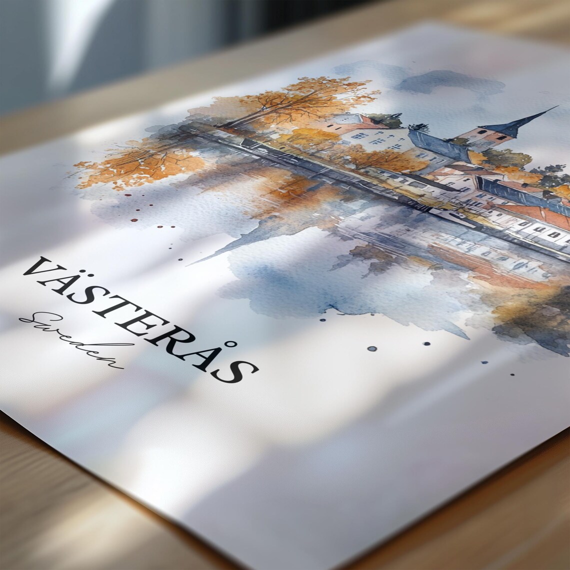 Vasteras Sweden Autumn Lakeside Town Watercolor Travel Poster - Image 6