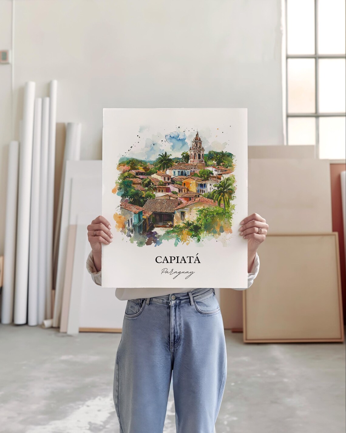 Capiata Paraguay Watercolor Hillside Town Church Scene Poster - Image 3