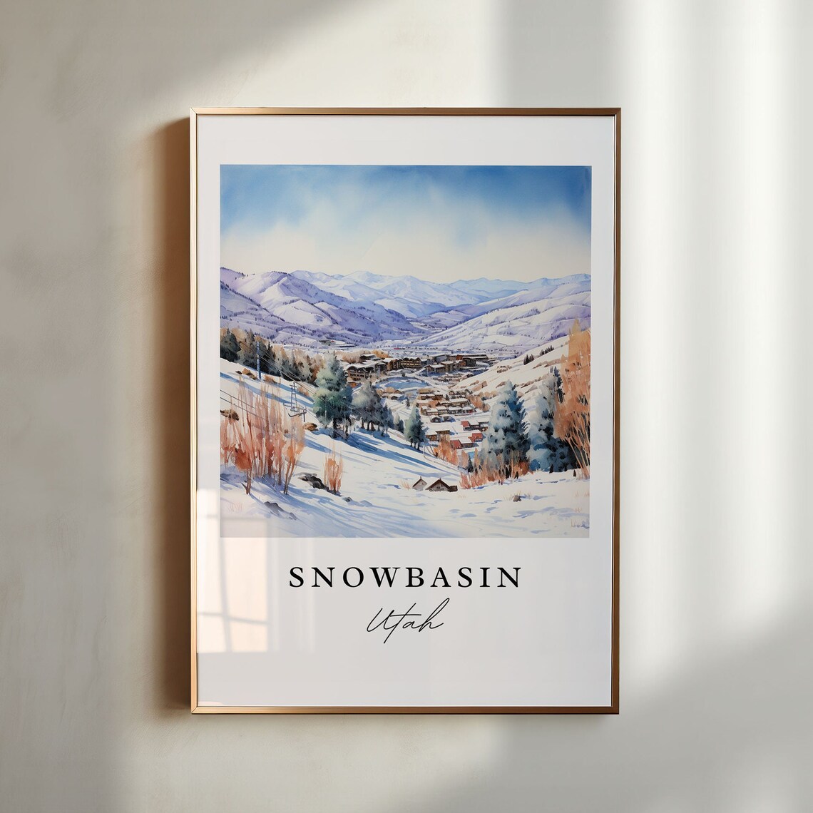 Snowbasin Utah Ski Resort Winter Mountain Scenic Watercolor Poster
