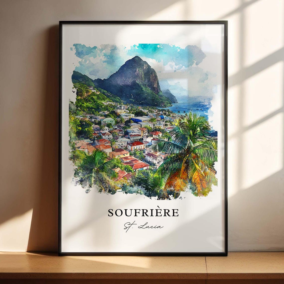 Soufriere Saint Lucia Watercolor Piton Peak Caribbean Town Palm Poster