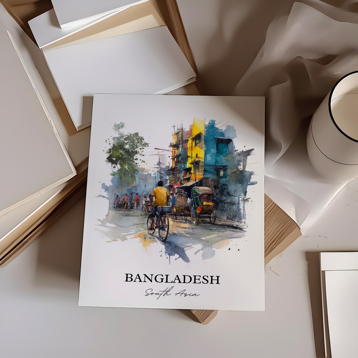 Bangladesh South Asia Rickshaw Street Scene Watercolor Travel Poster - Image 2