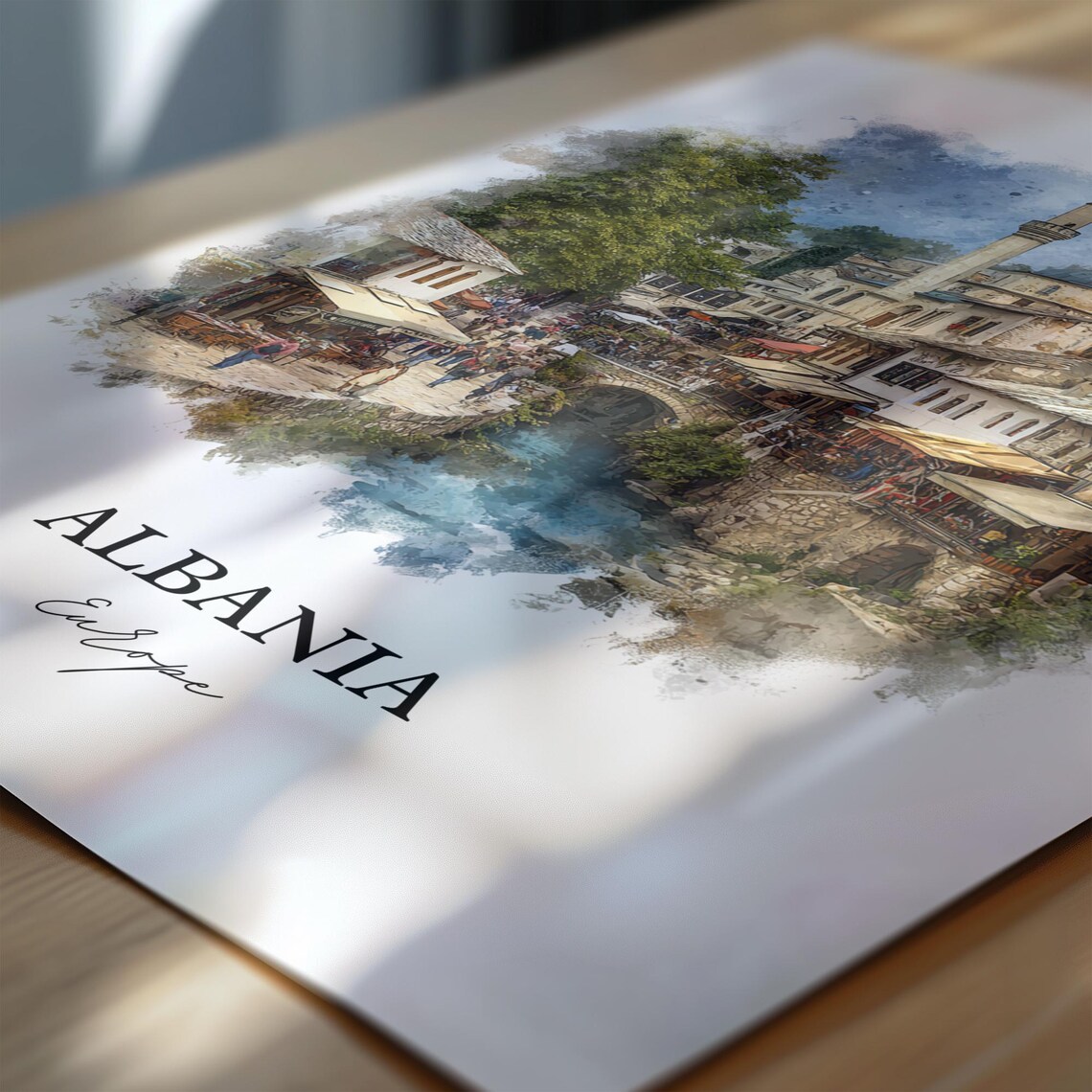Albania Old Town Minaret Riverside Watercolor Travel Art Poster - Image 6