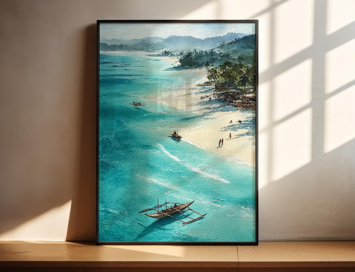 Boracay Philippines Watercolor Travel Poster Tropical Beach Boats Art