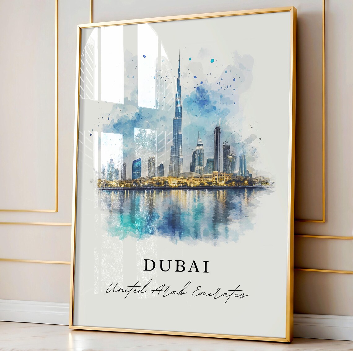 Dubai UAE Watercolor Burj Khalifa City Skyline Reflection Poster - Image 4