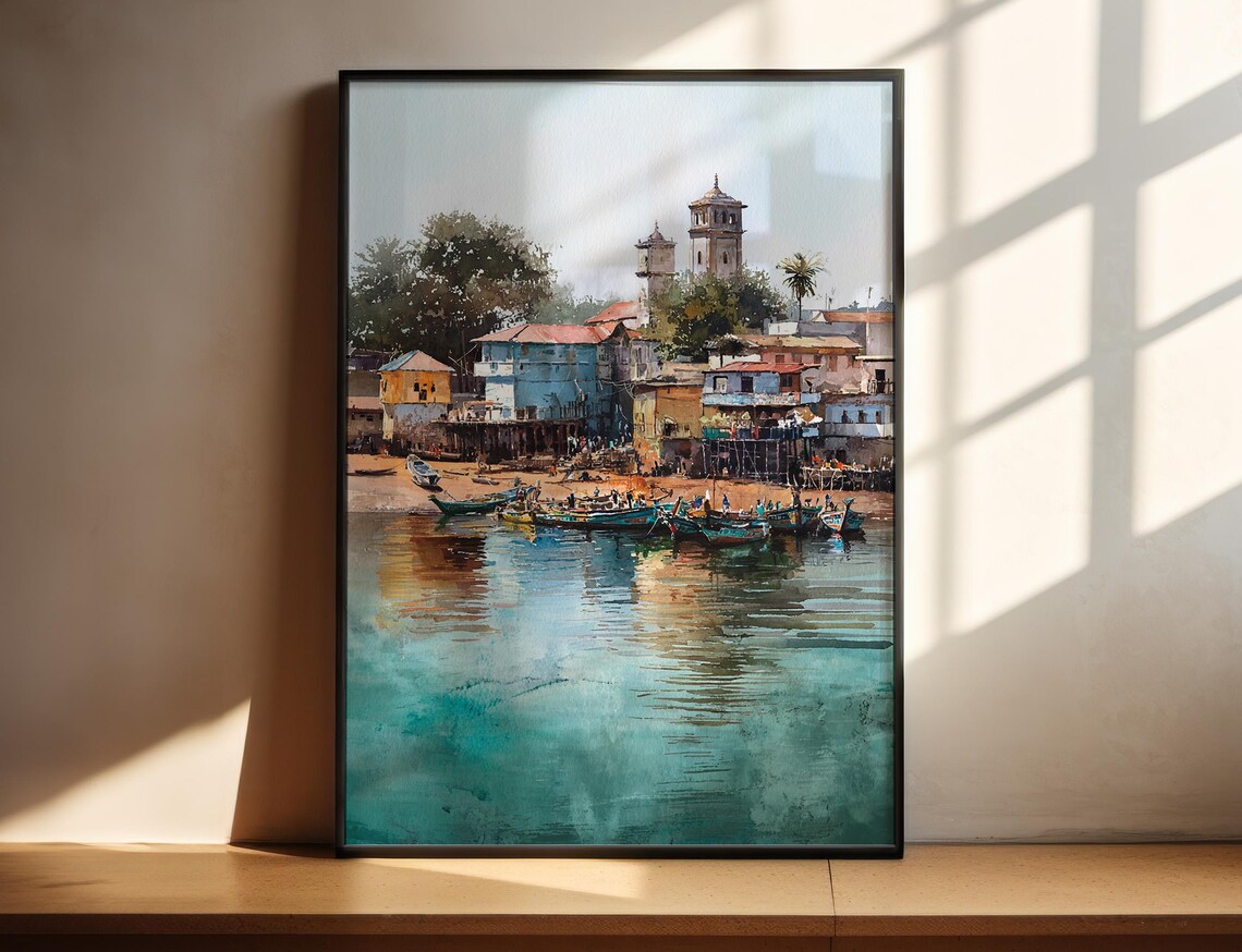 Banjul Gambia Watercolor Waterfront Towers Boats Travel Art Poster