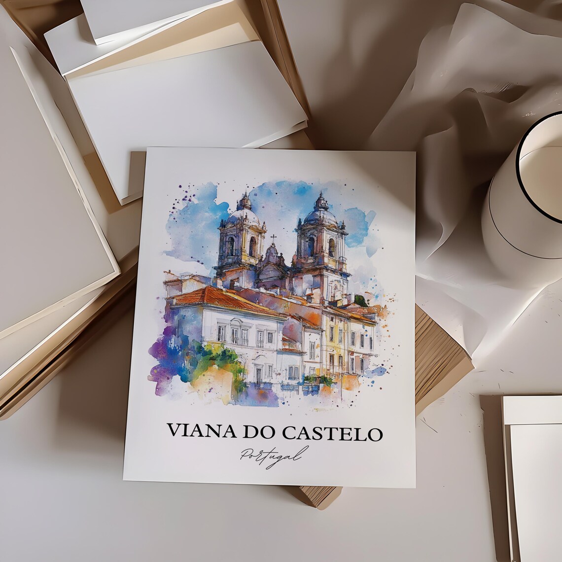 Viana do Castelo Portugal Watercolor Church Twin Towers Art Poster - Image 3