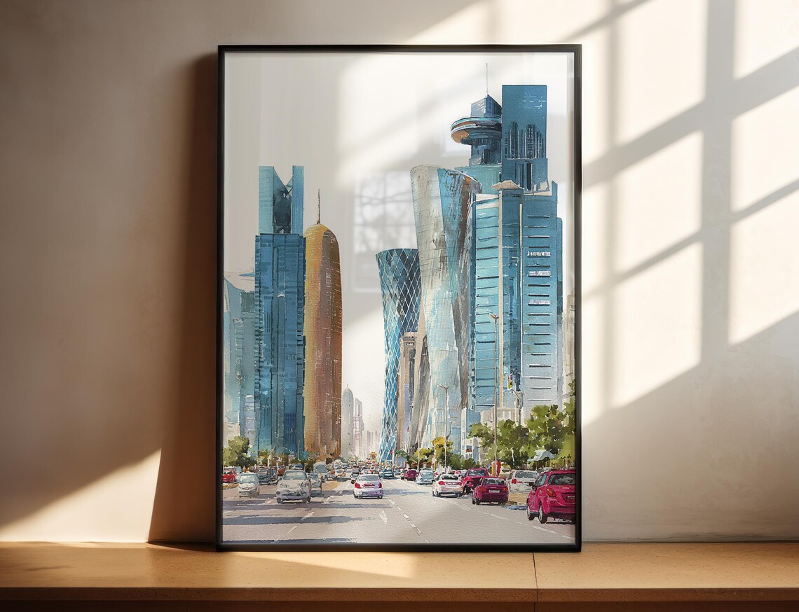 Modern Glass Skyscrapers Downtown Watercolor City Skyline Art Poster