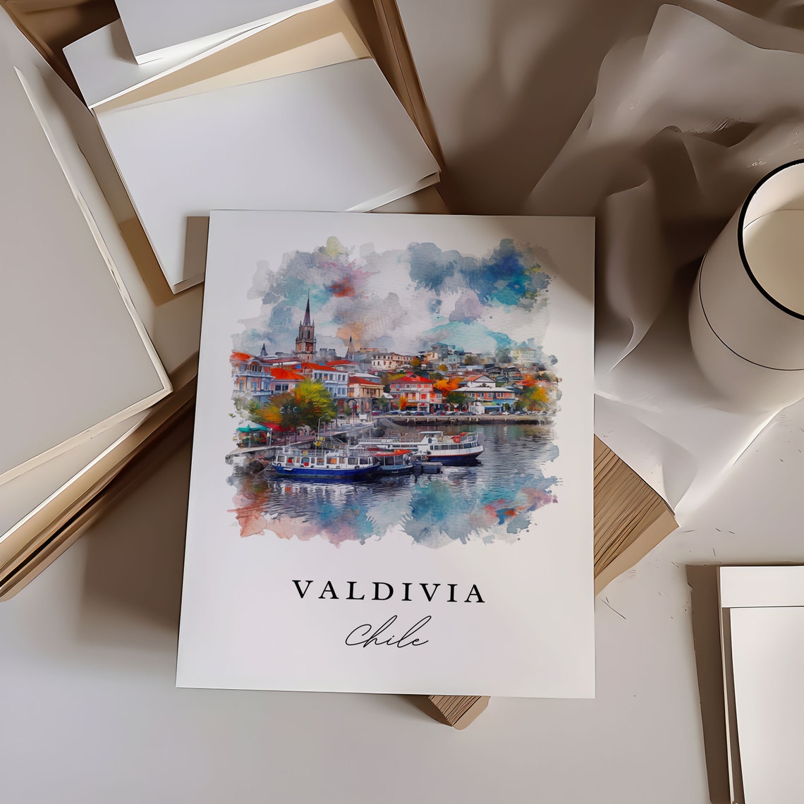 Valdivia Chile River City Boats Harbor Watercolor Travel Poster - Image 6