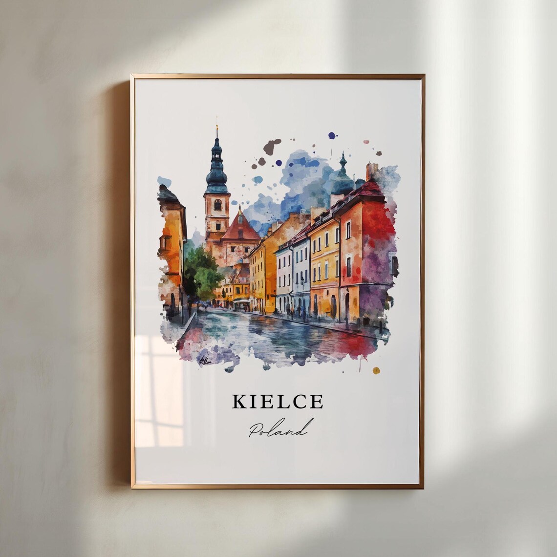 Kielce Poland Historic Old Street Cathedral Watercolor Travel Poster