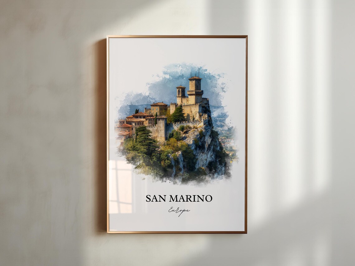 San Marino Europe Cliff Fortress Tower Watercolor Travel Poster - Image 3