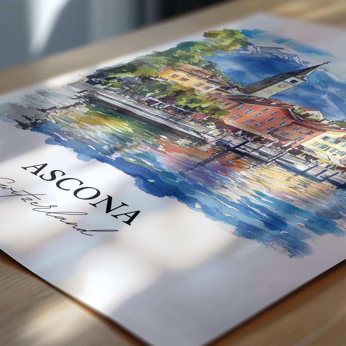 Ascona Switzerland Lakefront Bell Tower Watercolor Travel Poster - Image 6