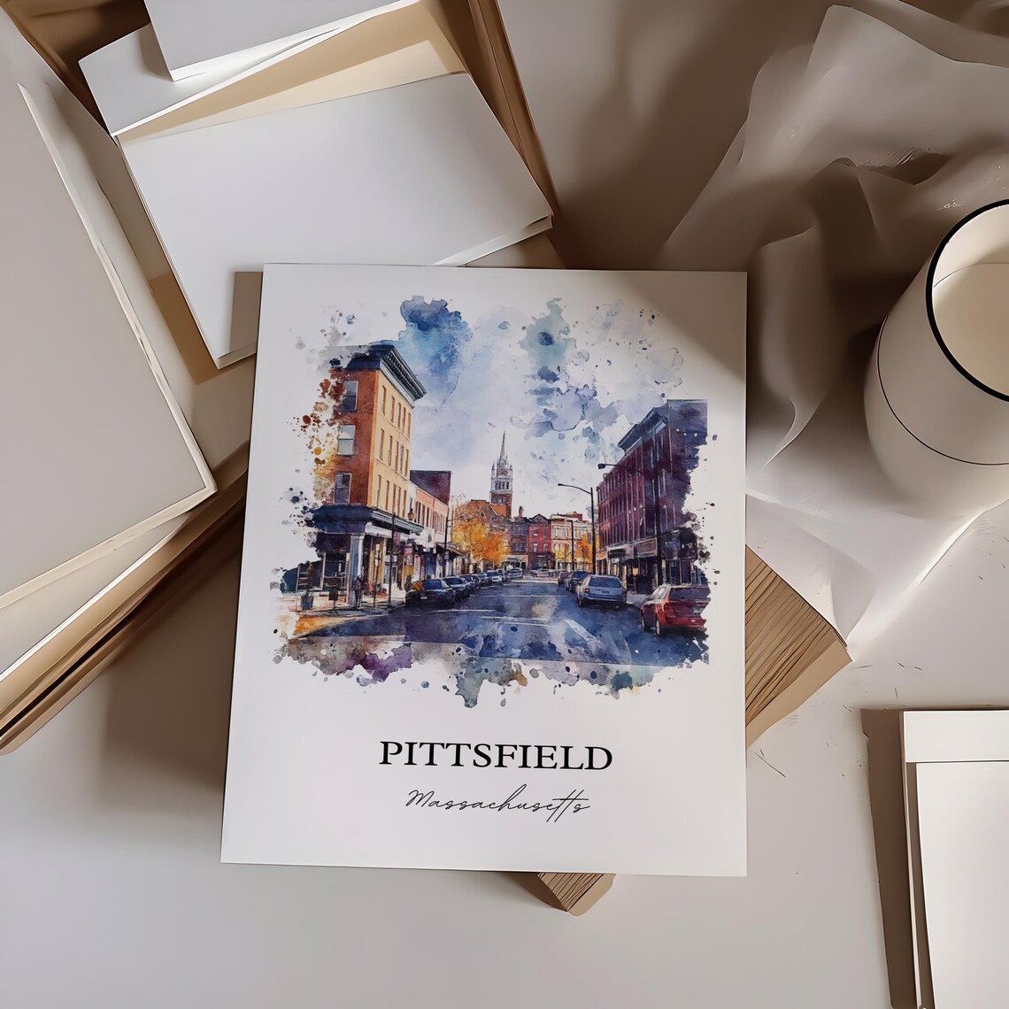 Pittsfield Massachusetts Downtown Street Watercolor Art Poster - Image 5