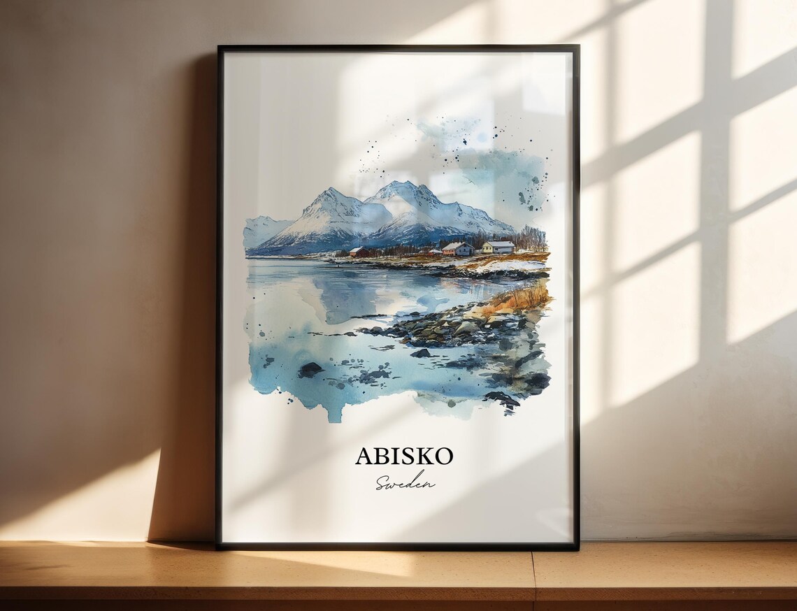 Abisko Sweden Snowy Lake Mountain Watercolor Arctic Winter Poster