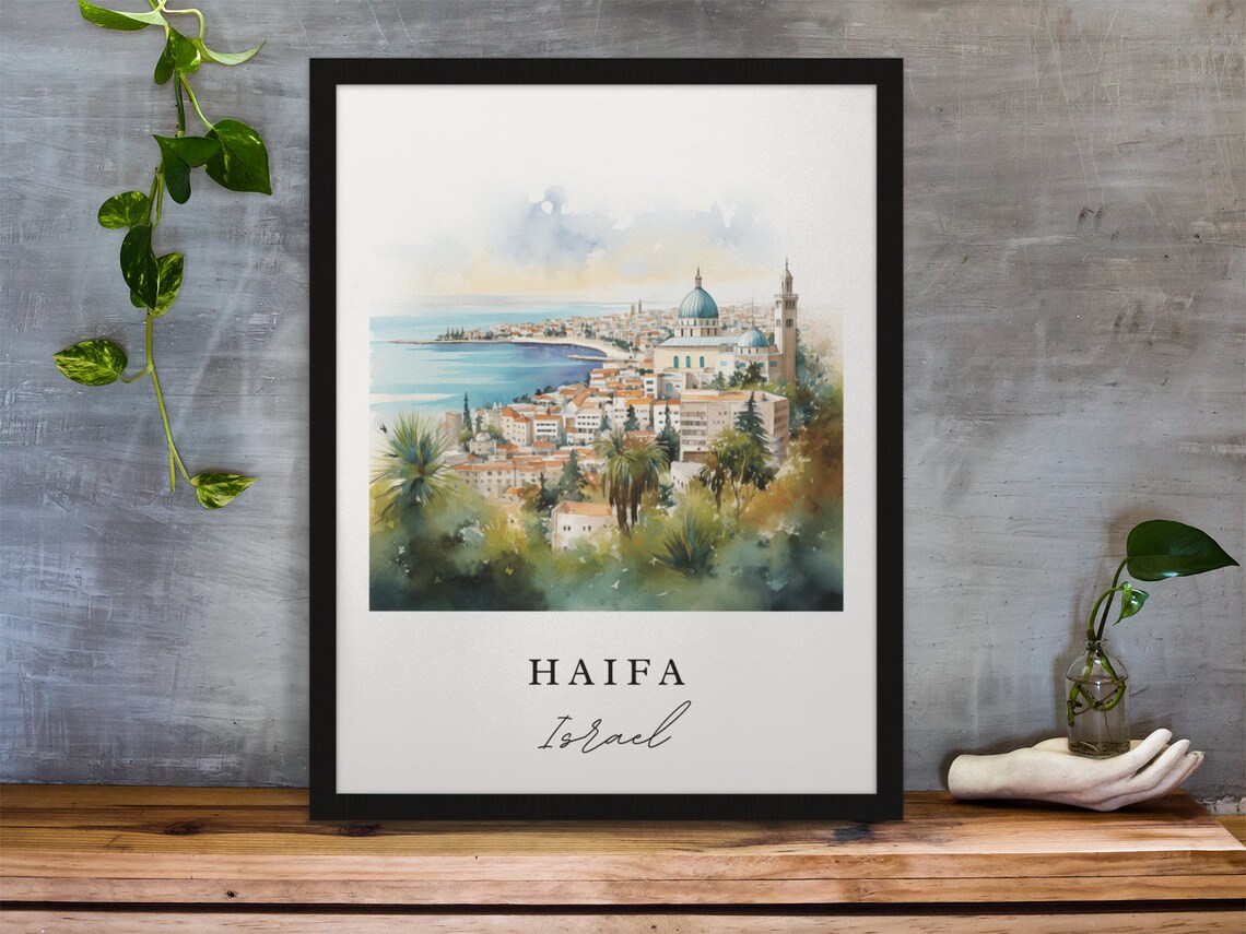 Haifa Israel Watercolor Blue Bay Coastal City View Travel Poster - Image 3