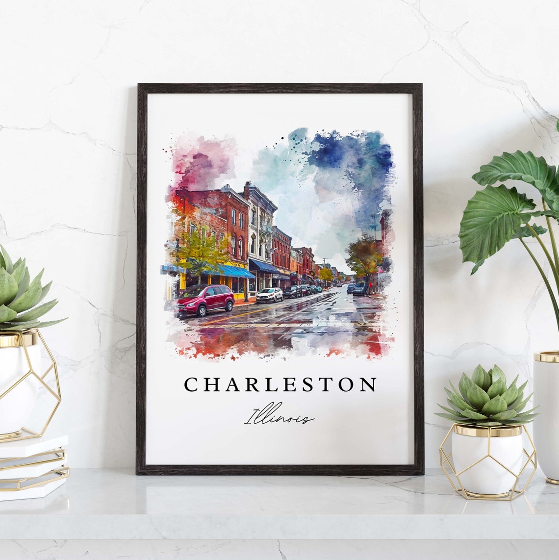 Charleston Illinois Watercolor Brick Street Downtown View Poster - Image 3