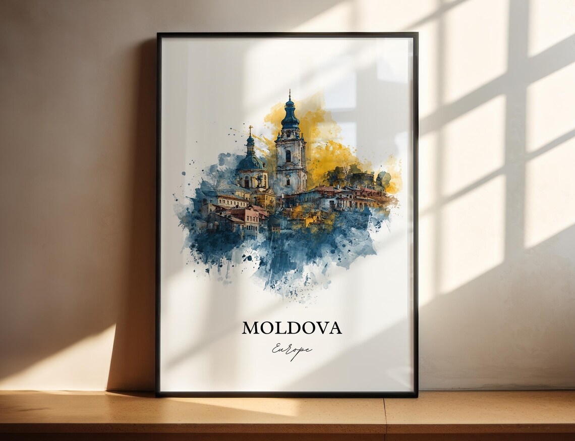 Moldova Church Towers Golden Watercolor Europe Travel Poster