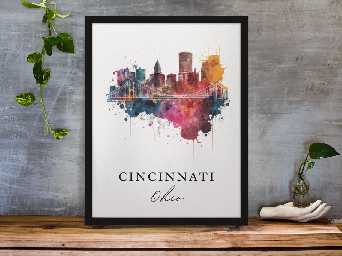 Cincinnati Ohio Skyline Bridge Watercolor City Travel Poster - Image 3