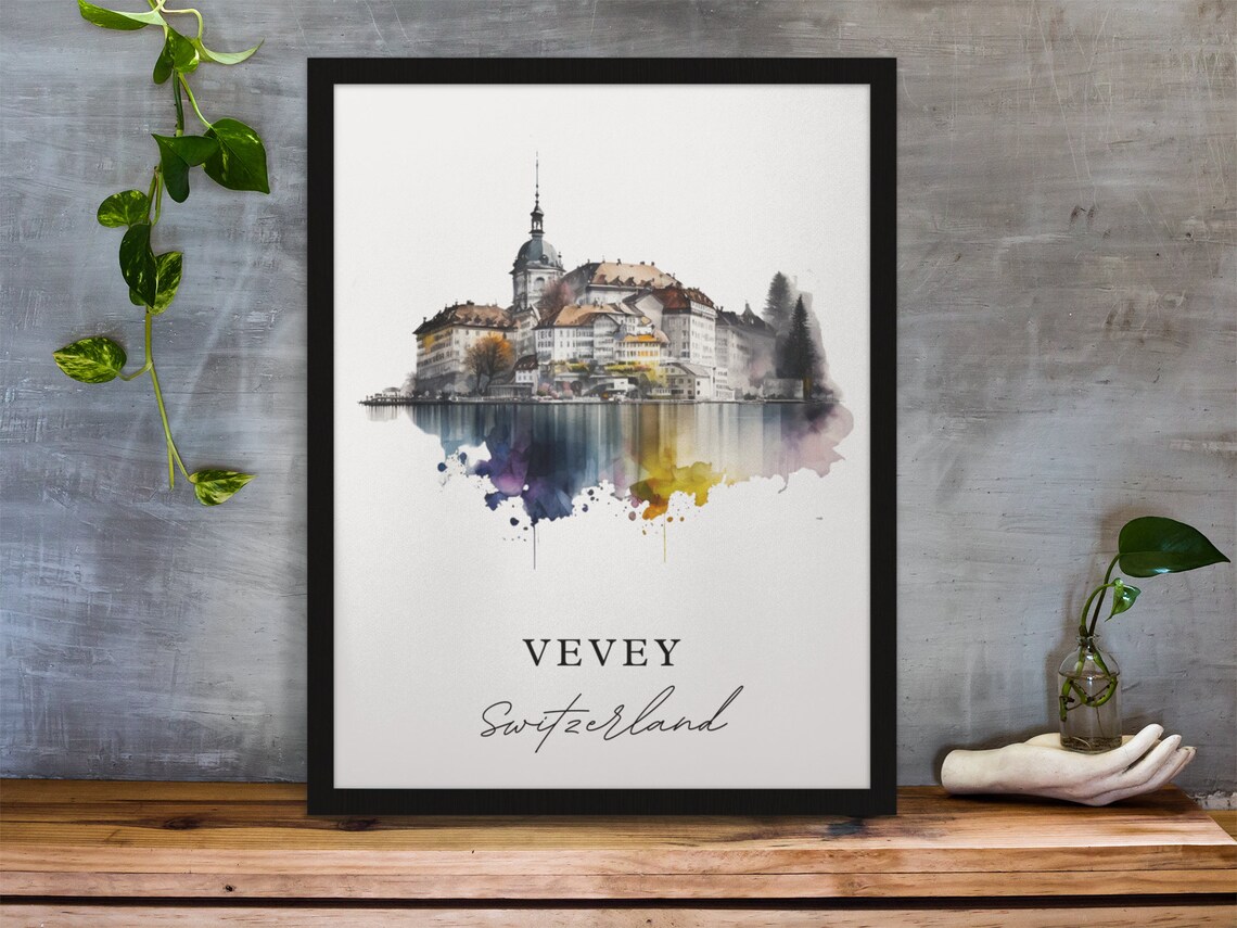 Vevey Switzerland Lakeside Old Town Watercolor Travel Poster