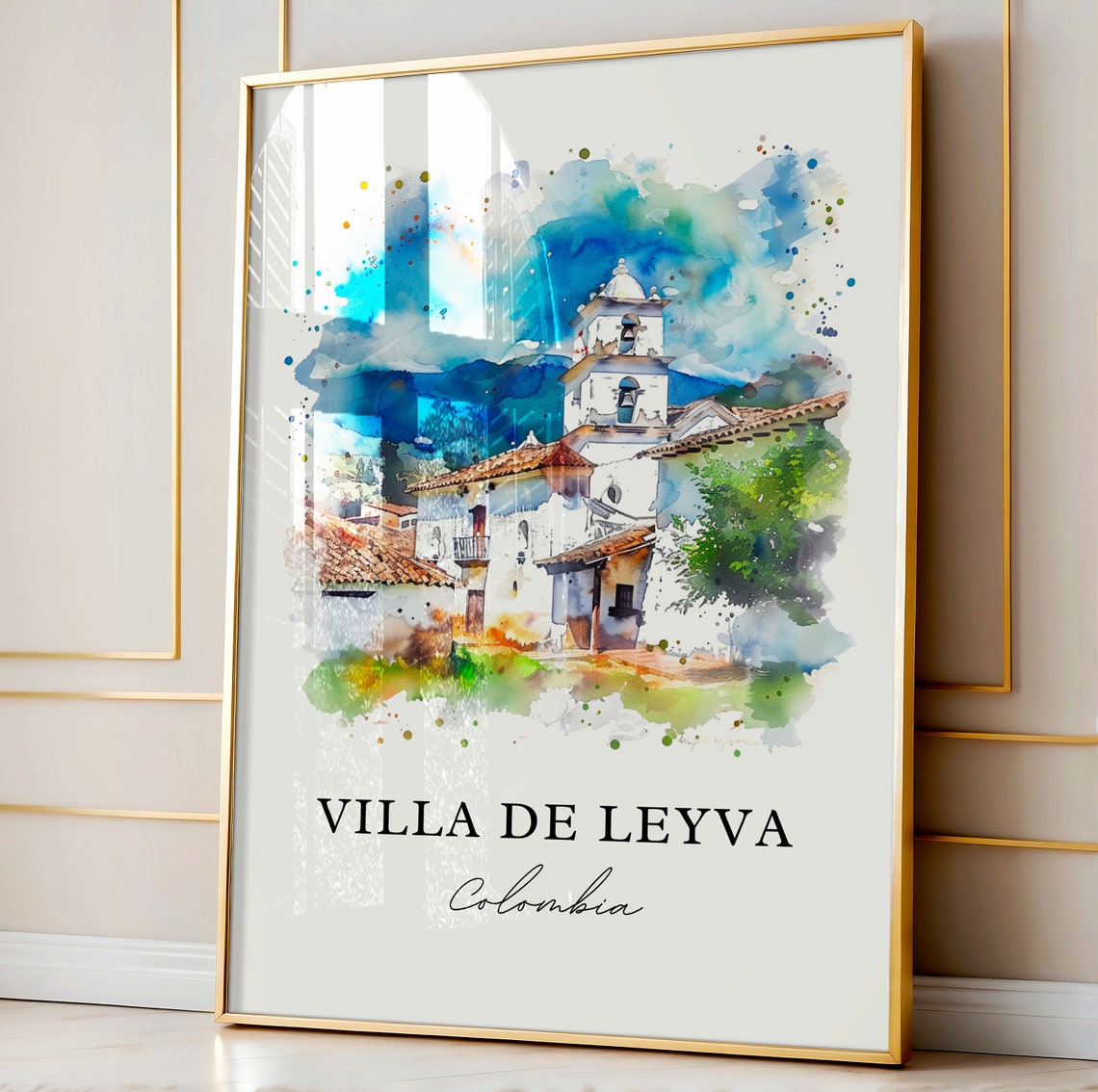 Villa de Leyva Colombia Whitewashed Church Watercolor Poster - Image 4