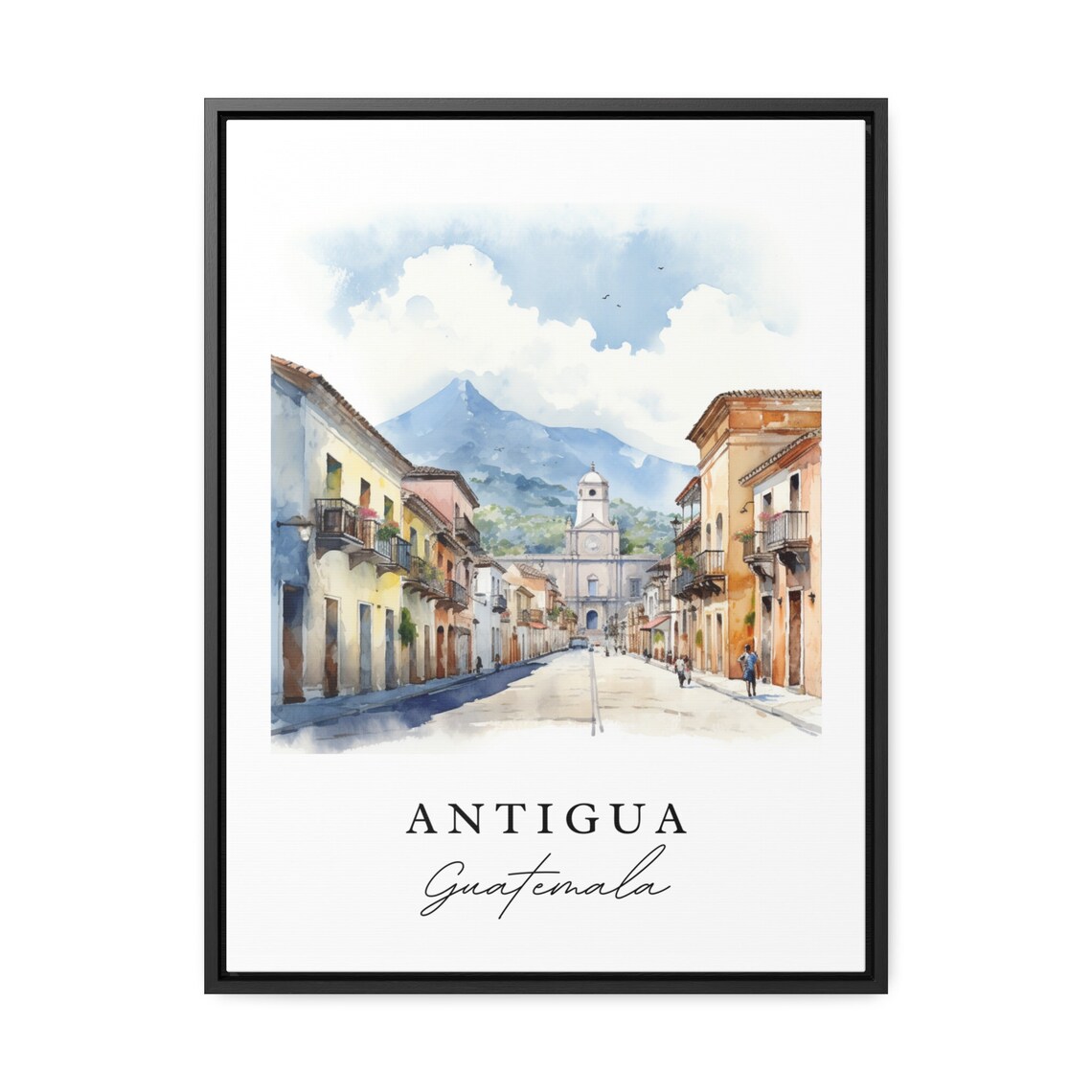 Antigua Guatemala Watercolor Colonial Street Volcano View Poster - Image 2