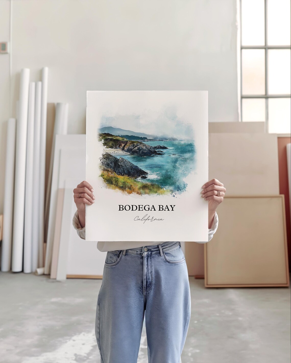Bodega Bay California Rocky Headland Watercolor Travel Poster - Image 2