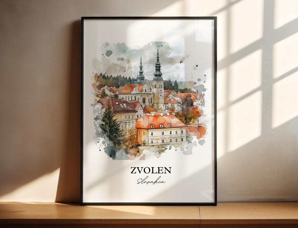 Zvolen Slovakia Baroque Church Spires Watercolor Old Town Poster