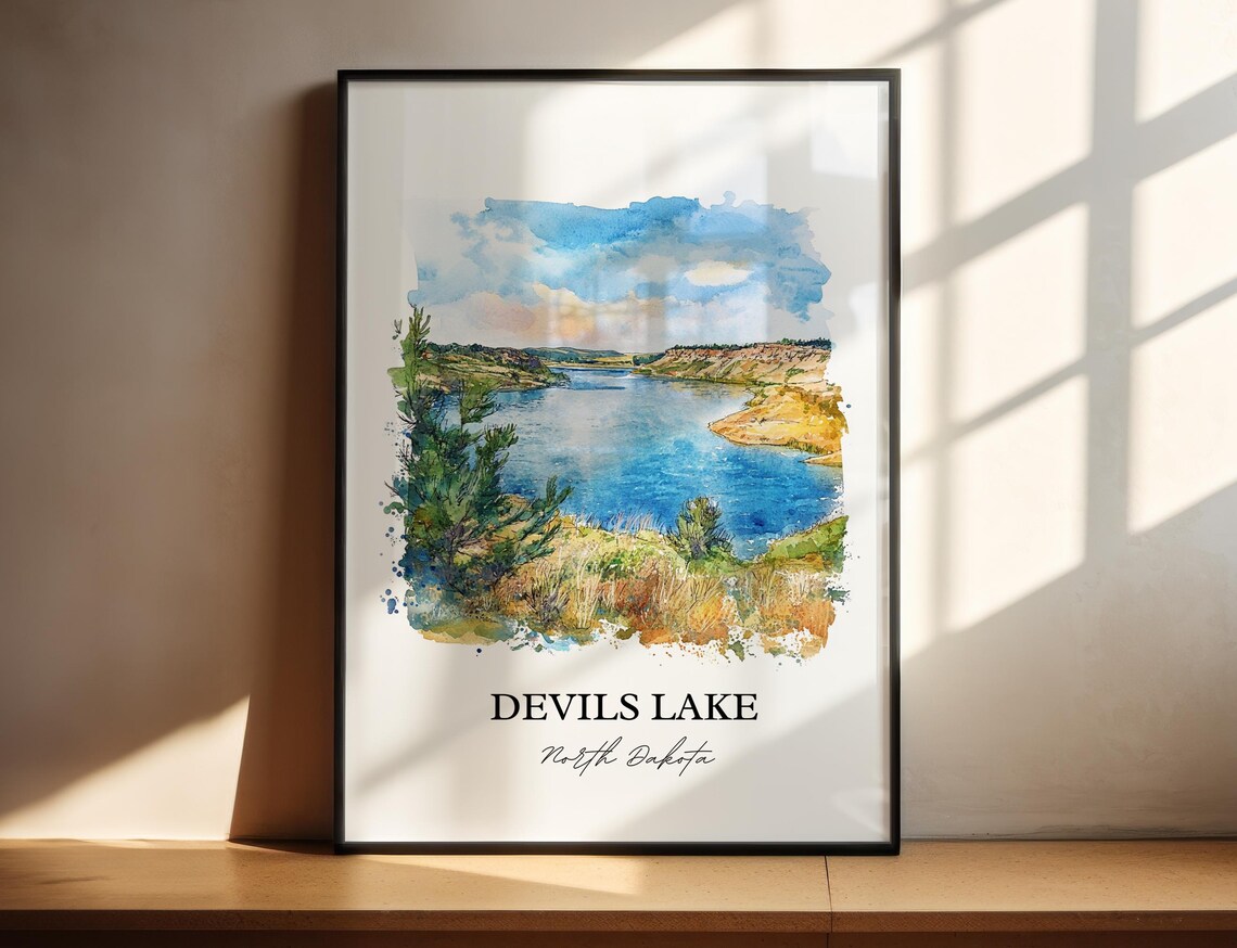 Devils Lake North Dakota Prairie Lake Watercolor Landscape Poster