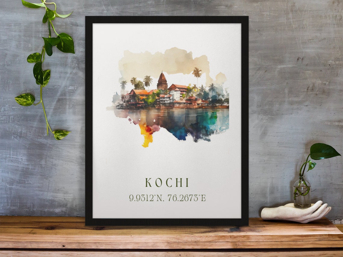 Kochi India Watercolor Temple Waterfront Coordinates Travel Poster