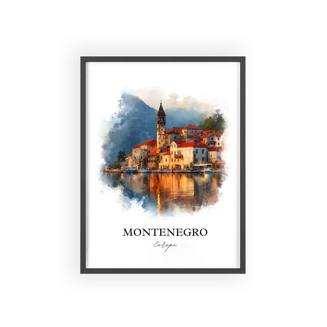 Montenegro Bay Town Red Roofs Watercolor Europe Travel Poster - Image 2