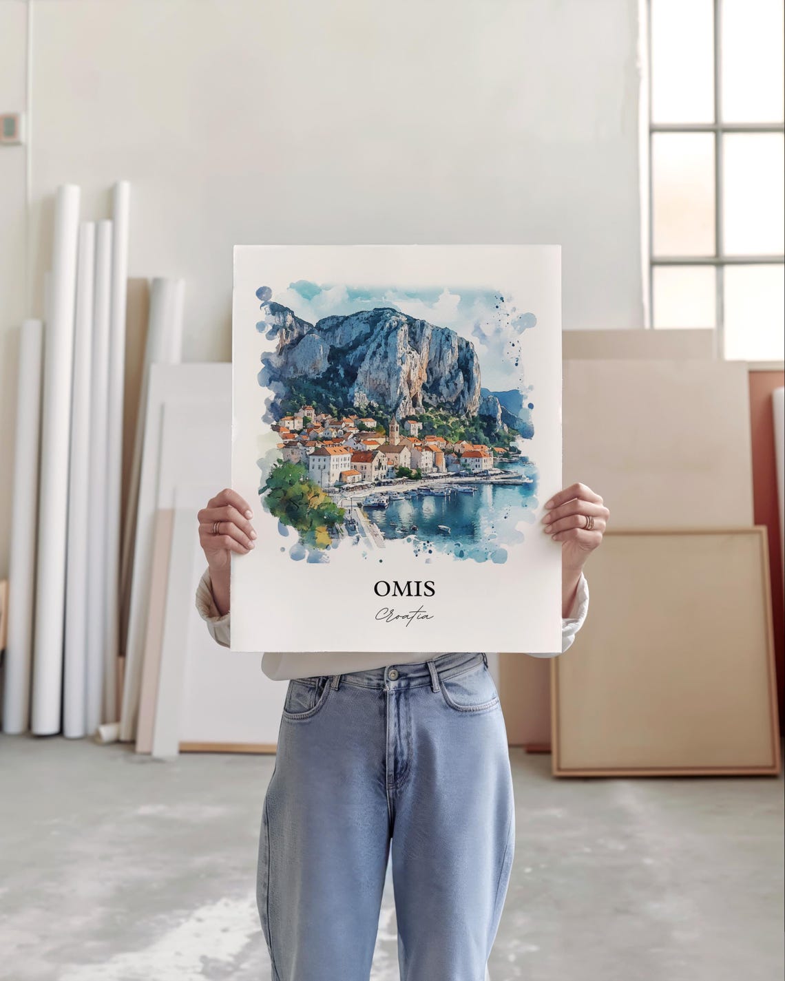Omis Croatia Mountain Backed Coastal Harbor Watercolor Poster - Image 5