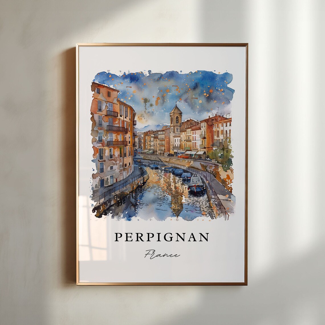 Perpignan France Canal Old Town Watercolor Minimalist Travel Poster