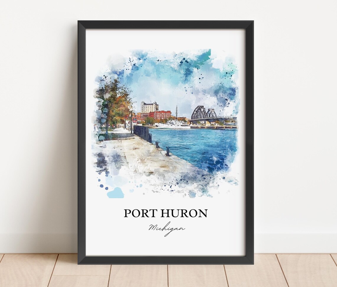 Port Huron Michigan Waterfront Boardwalk Bridge Watercolor Poster - Image 4