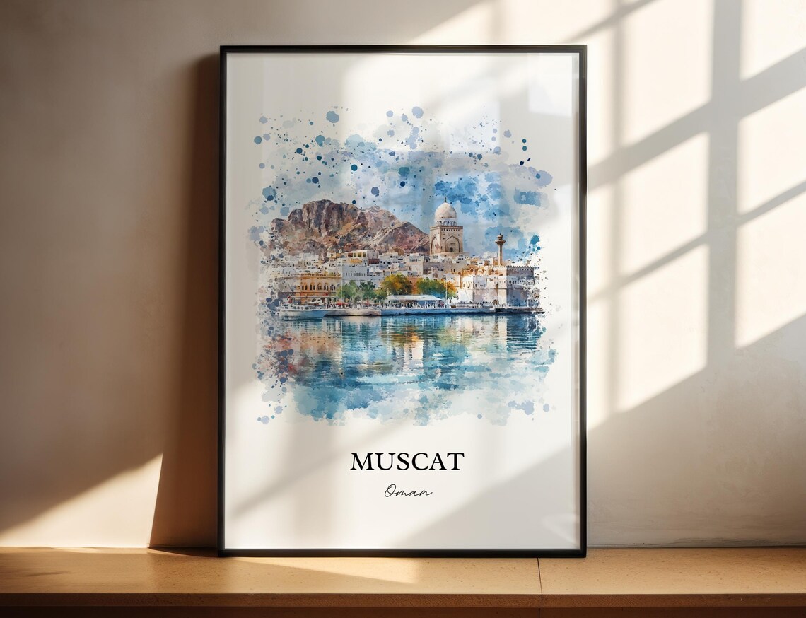Muscat Oman Watercolor Harbor Cityscape Arabia Travel Poster