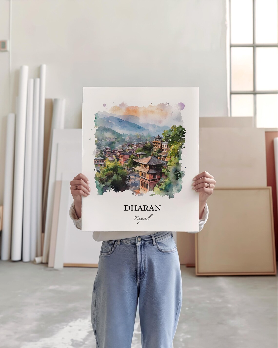 Dharan Nepal Watercolor Green Hill Town Pagoda Travel Poster - Image 5