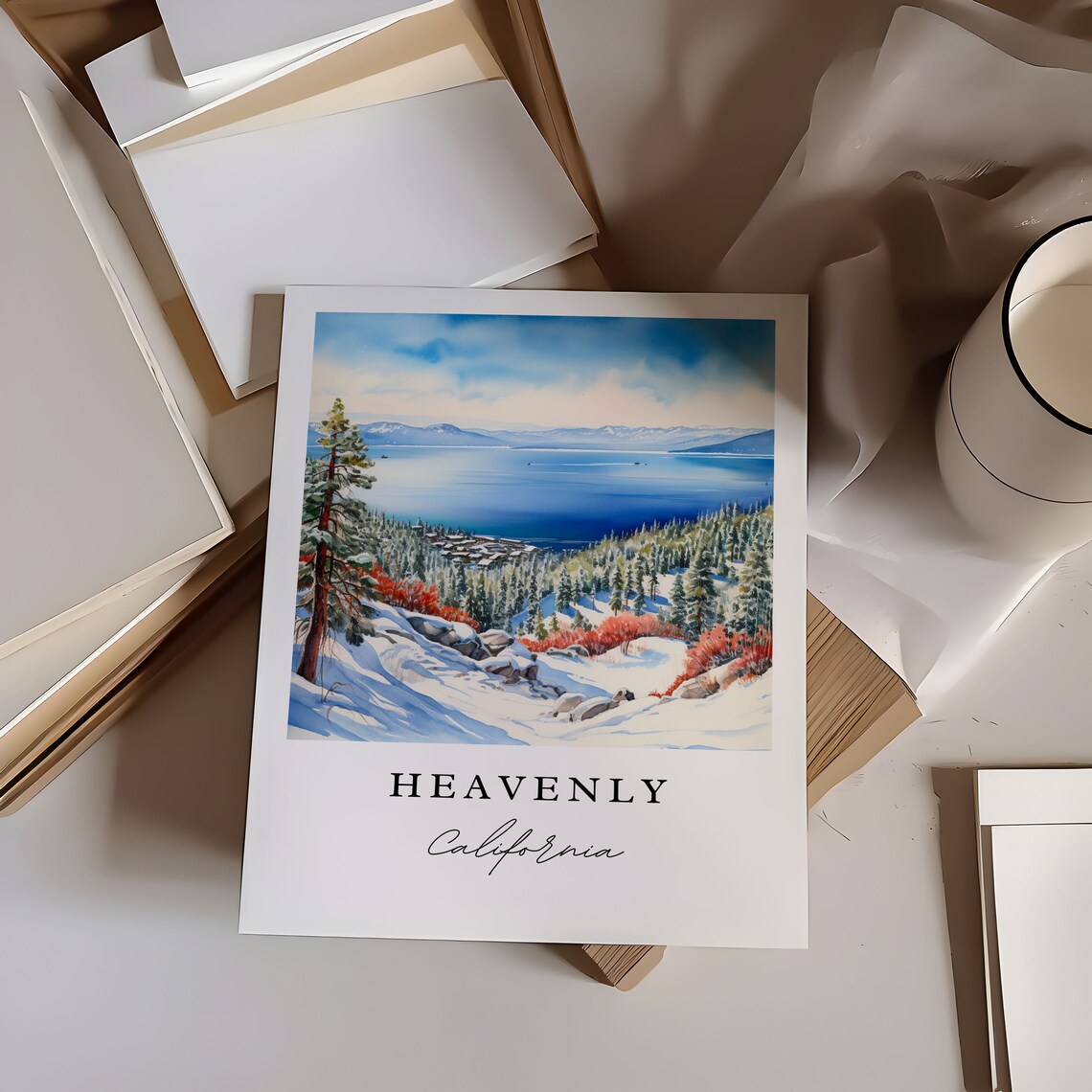 Heavenly California Watercolor Lake Tahoe Snowy Pines Ski View Poster - Image 5