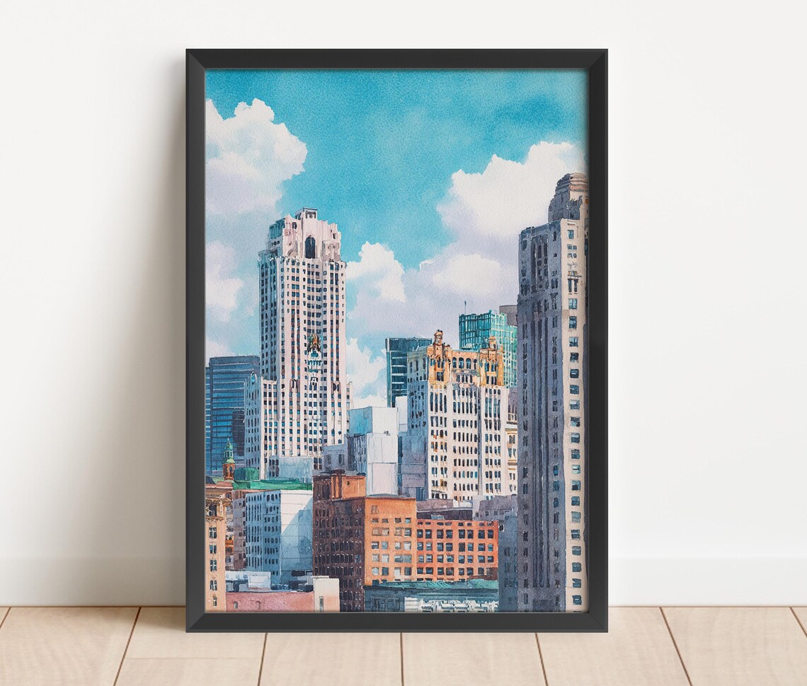 Detroit Michigan Watercolor Art Travel Print Skyline Artwork Decor Mi Wall