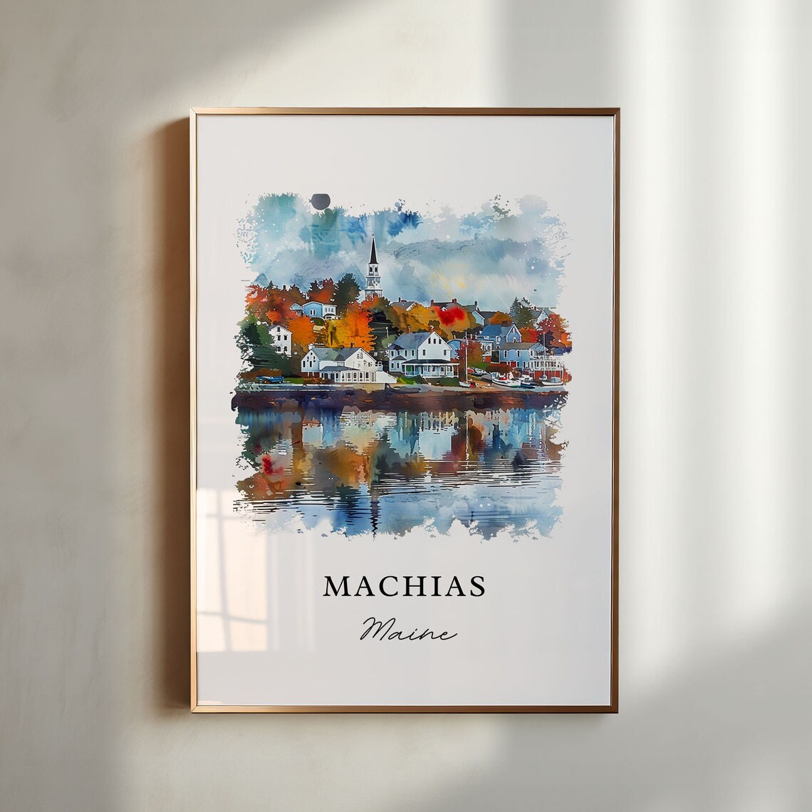 Machias Maine Harbor Village Autumn Foliage Watercolor Travel Poster