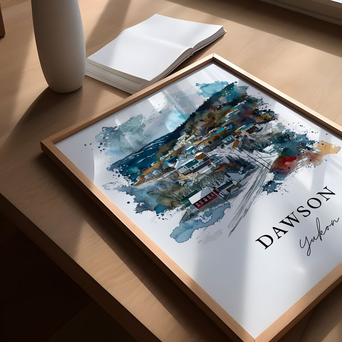 Dawson Yukon Watercolor Snowy Town Hills Winter Scene Poster - Image 5