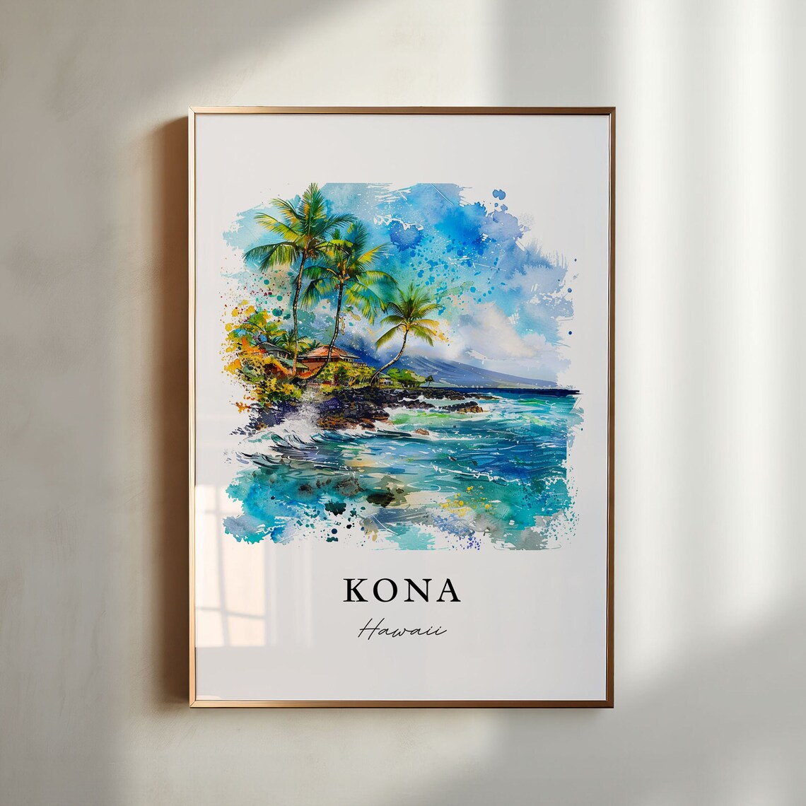 Kona Hawaii Watercolor Travel Poster, Island Art