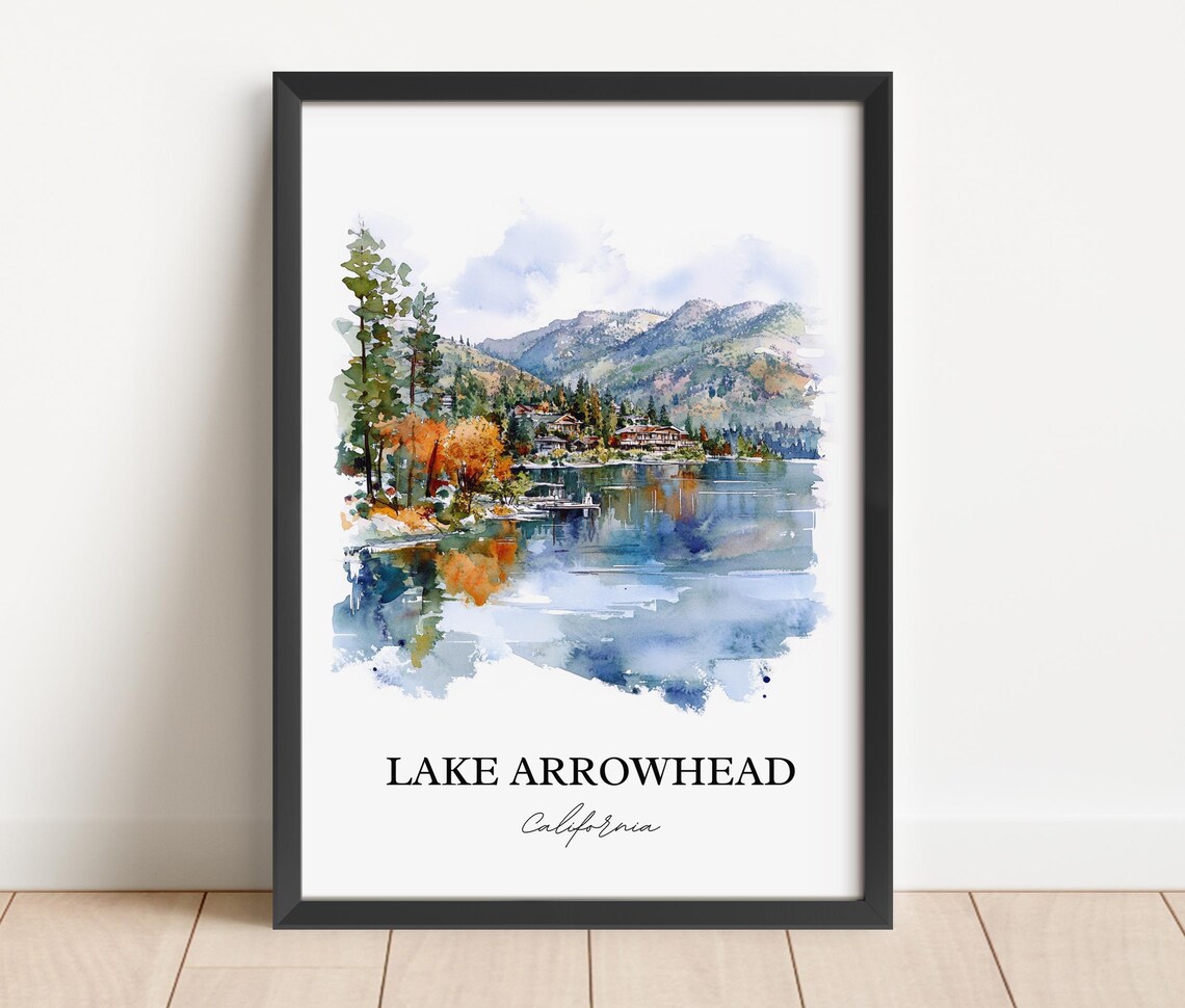 Lake Arrowhead California Watercolor Lake Pine Mountain Scene Poster - Image 2