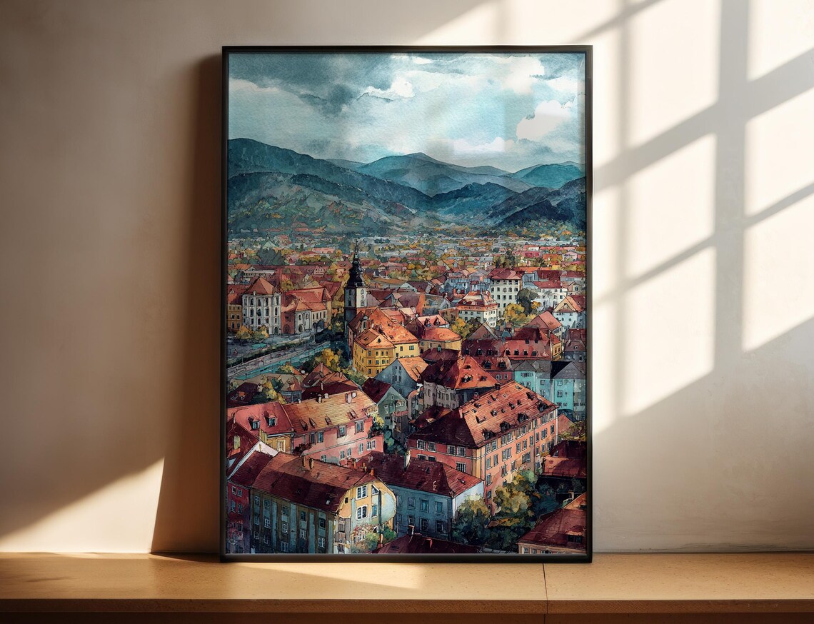 Red Roofed European City Aerial Watercolor Mountain View Poster