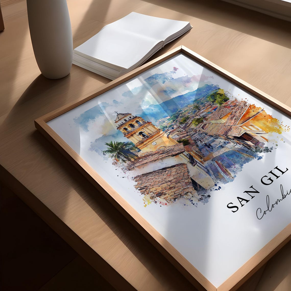 San Gil Colombia Bell Tower Terracotta Roofs Watercolor Poster - Image 5