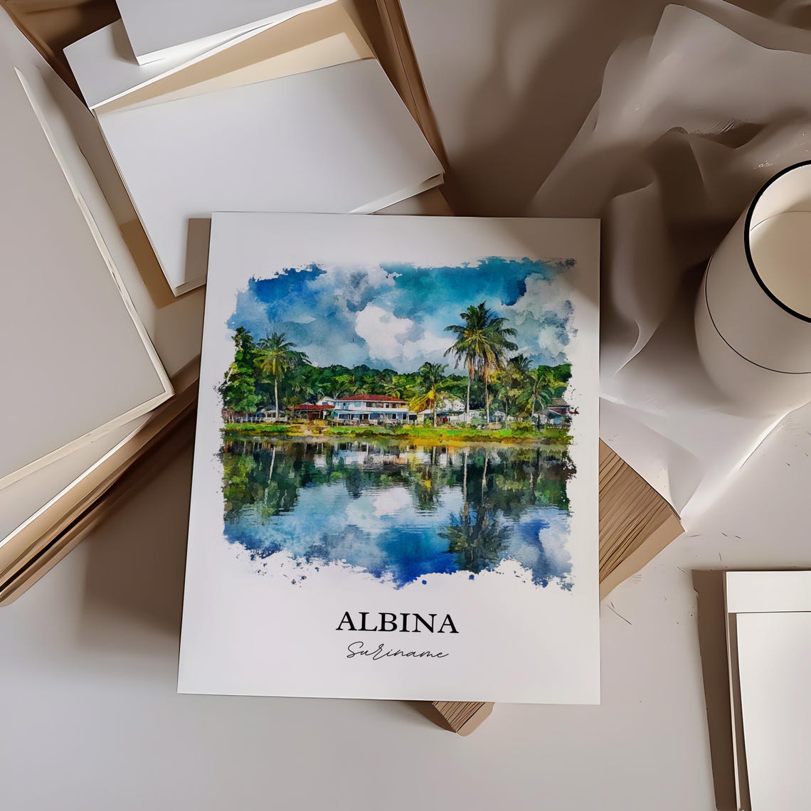 Albina Suriname Watercolor Palm River Reflection Travel Art Poster - Image 2