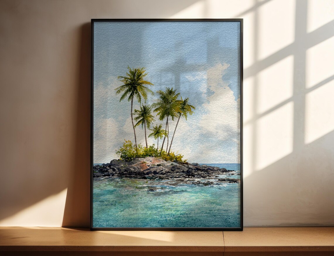 Tropical Island Watercolor Poster Palm Trees Turquoise Ocean Seascape Artwork