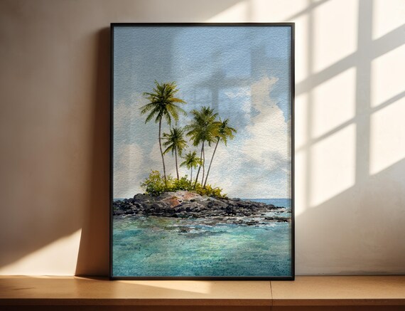 Tropical Island Watercolor Poster Palm Trees Turquoise Ocean Seascape Artwork