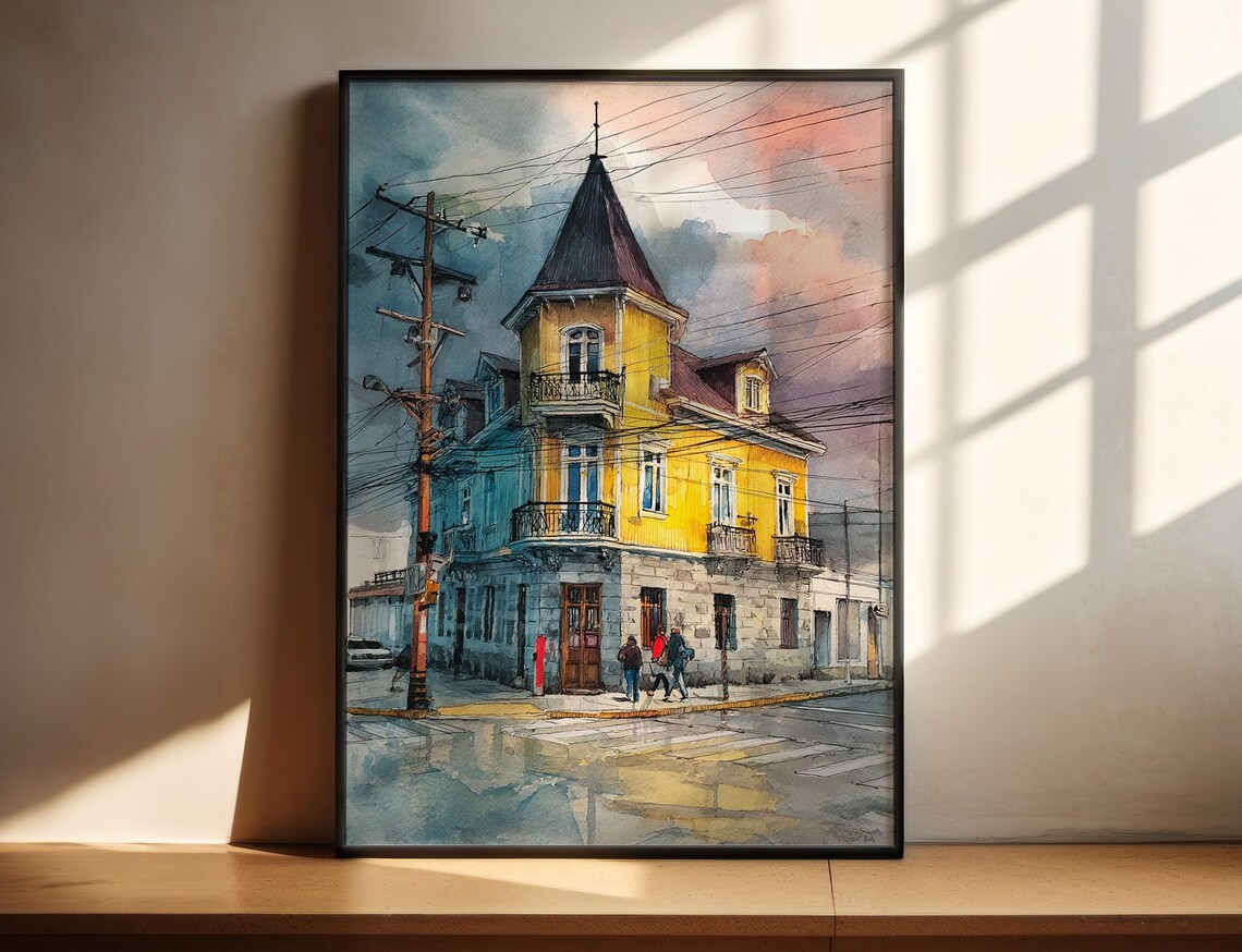 Punta Arenas Chile Historic Corner Building Watercolor Street Poster