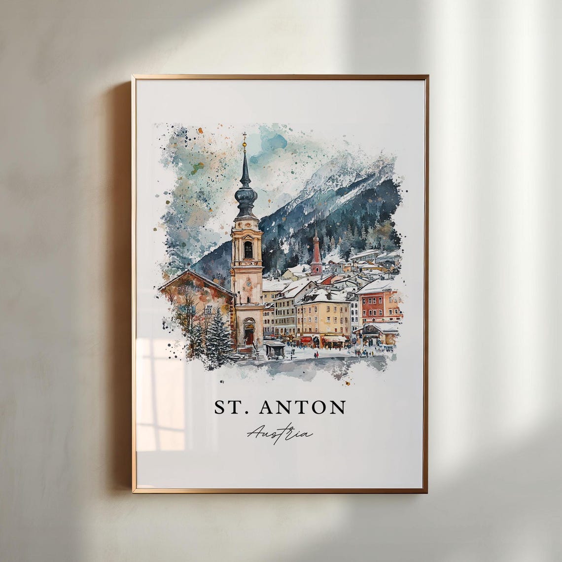 St. Anton Austria Snowy Alpine Village Watercolor Ski Poster