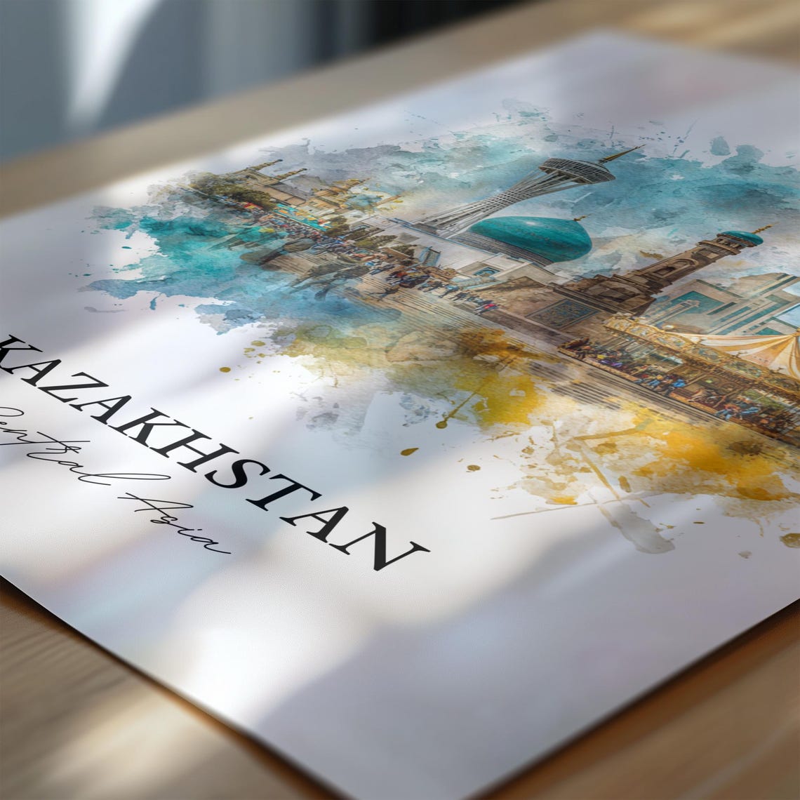 Kazakhstan Central Asia Watercolor Skyline Landmark Travel Poster - Image 6