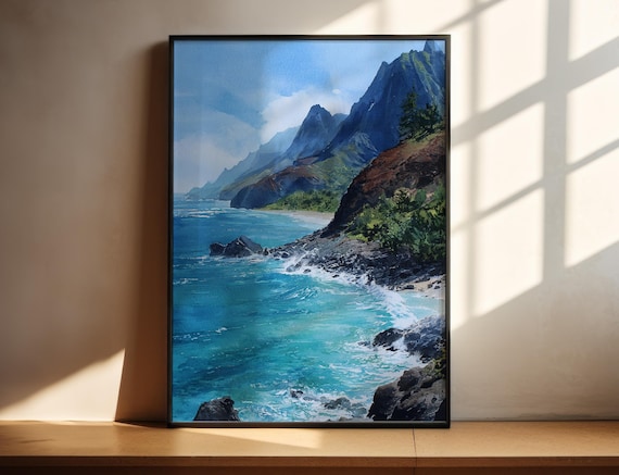 Dramatic Sea Cliffs Watercolor Poster Ocean Waves Rocky Coast Landscape Artwork