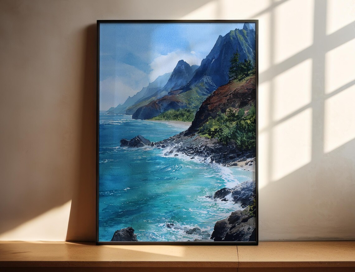 Dramatic Sea Cliffs Watercolor Poster Ocean Waves Rocky Coast Landscape Artwork